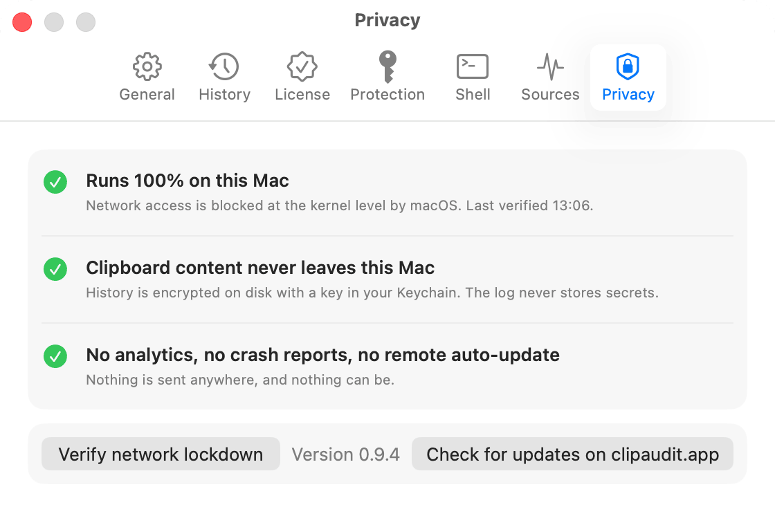 Privacy settings: runs 100% on this Mac, network blocked at the kernel level.