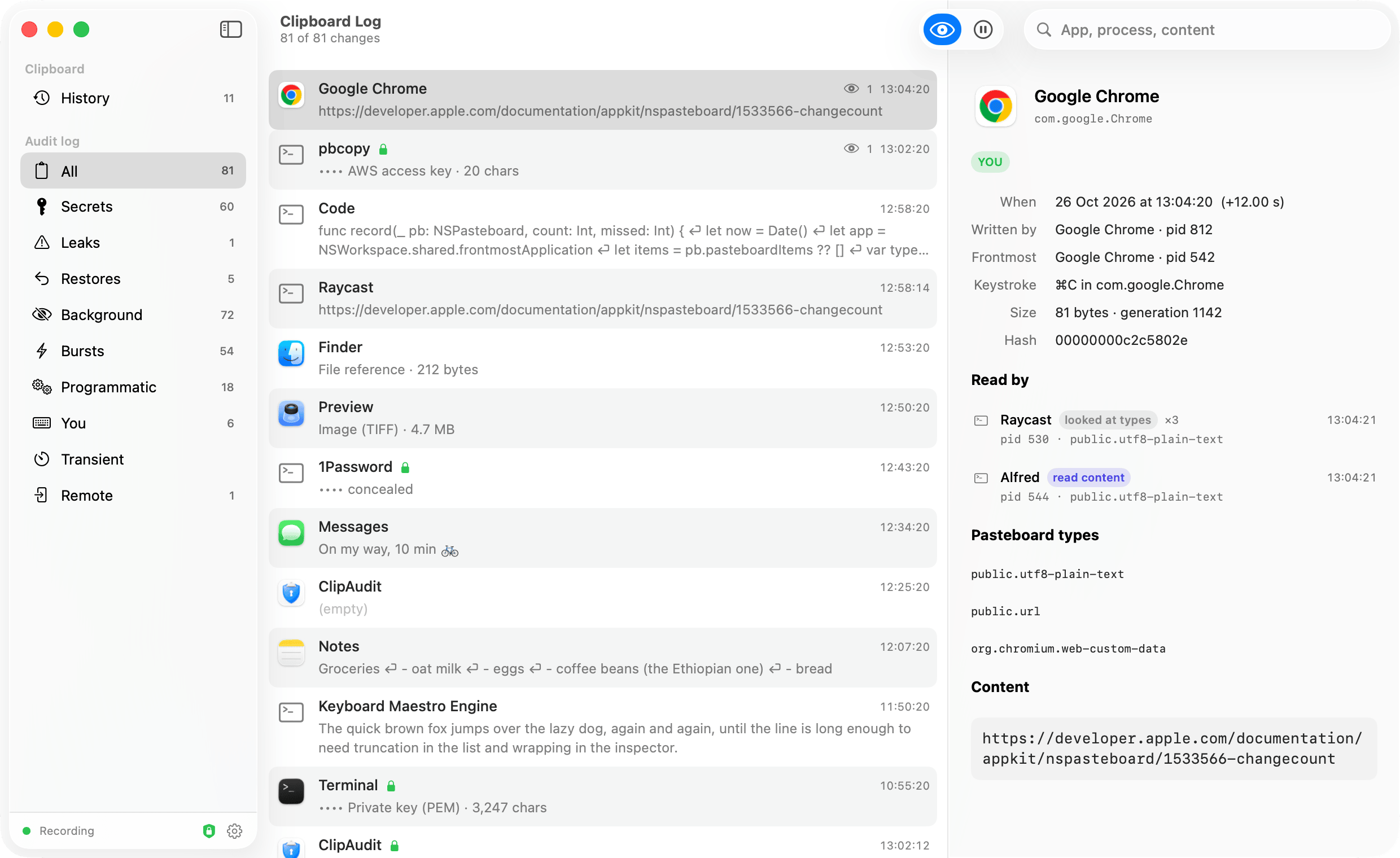 The audit log: clipboard changes with the app behind each one.