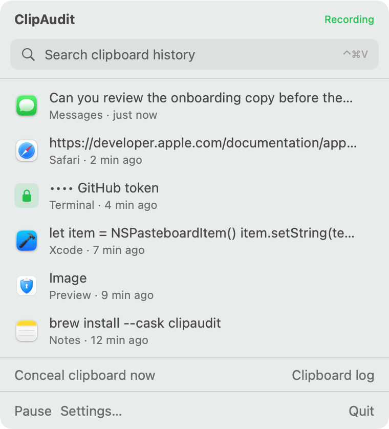 Menu bar with recent items