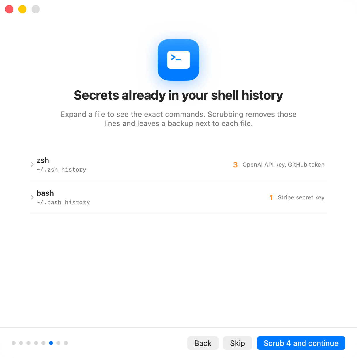 Secrets found in zsh and bash history, ready to scrub.
