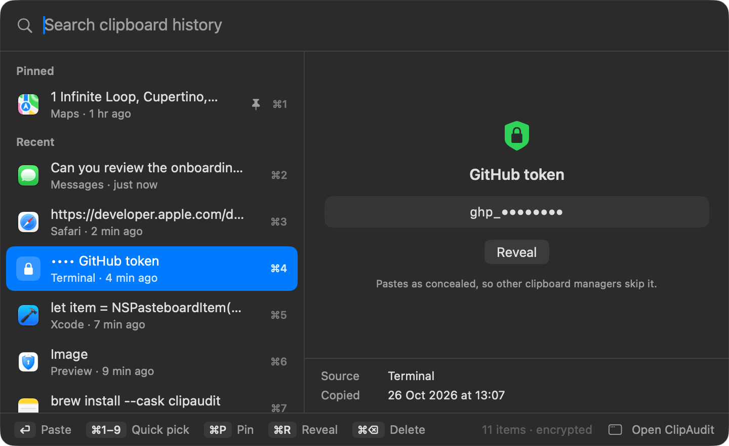 Clipboard history in dark mode