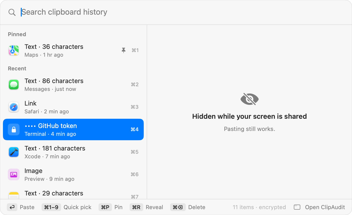 Clipboard history while the screen is shared: items show only their kind and the preview is hidden.