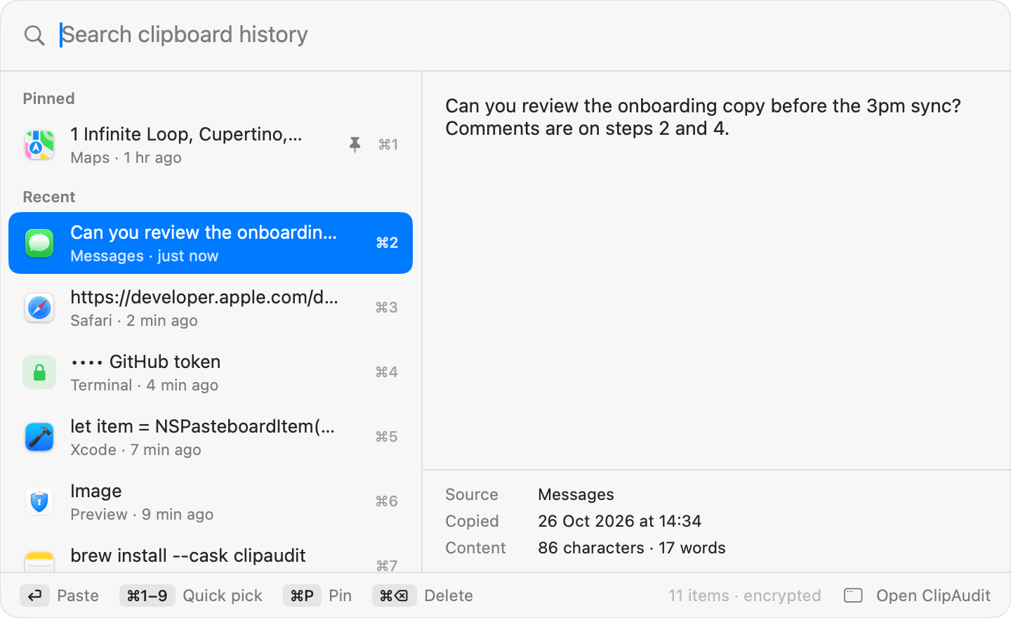 The ClipAudit clipboard history picker with search, pinned items and a preview.