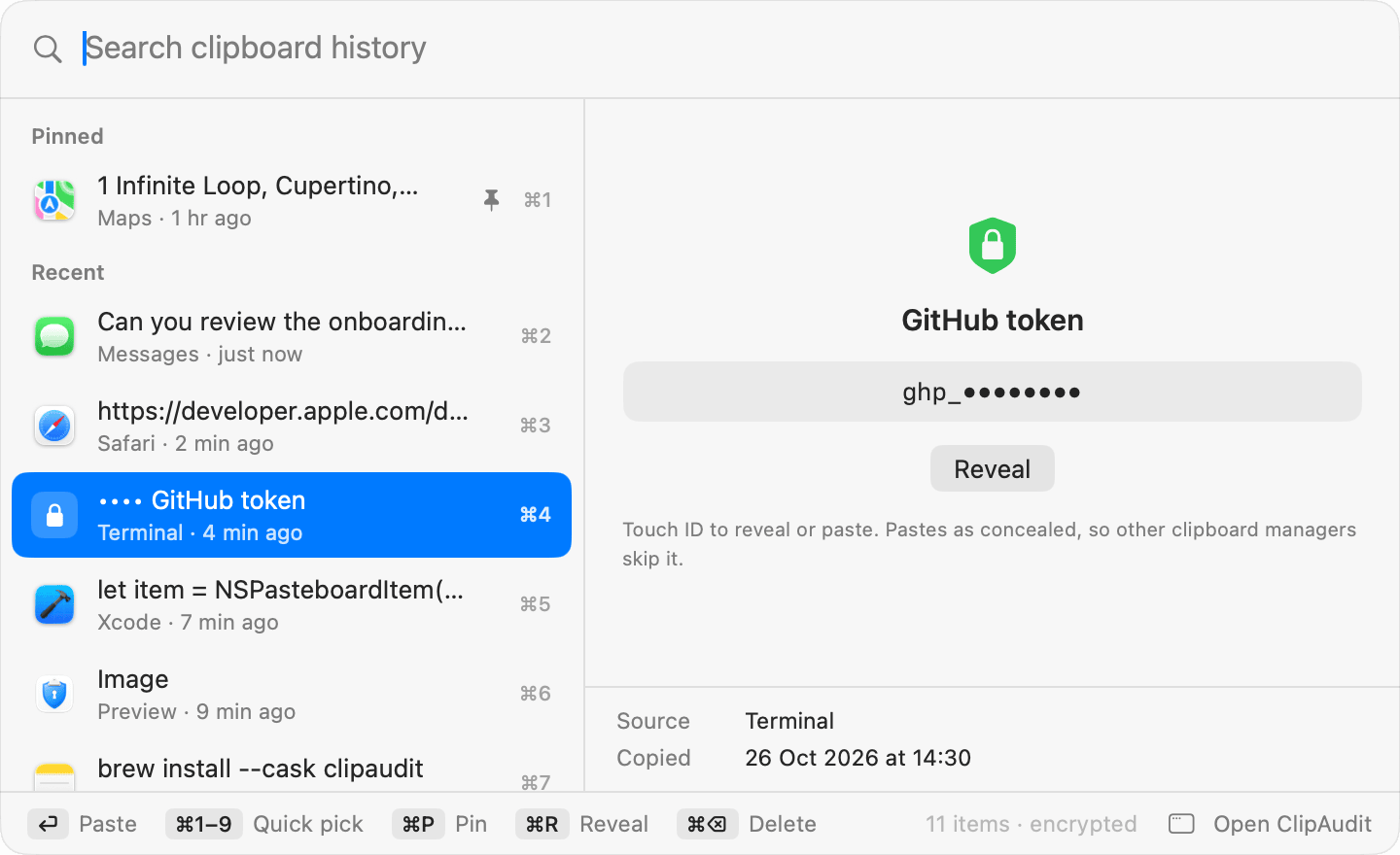 ClipAudit clipboard history with a GitHub token selected: it stays masked until you reveal it.